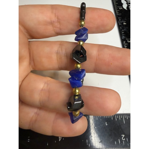 Jewelry - Blue Lapis Lazuli Chip Hematite Beaded Bracelet Gold Tone Accents Barrel Clasp